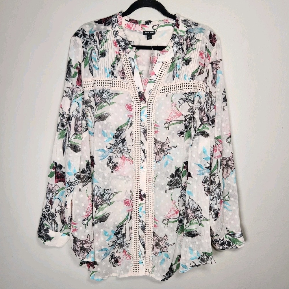 Torrid Womens 4X White Sheer Floral Button Up Top Cottagecore Romantic Soft Girl